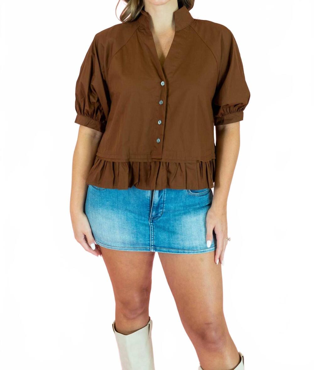 NEW ENTRO boutique style ruffle hem blouse in brown